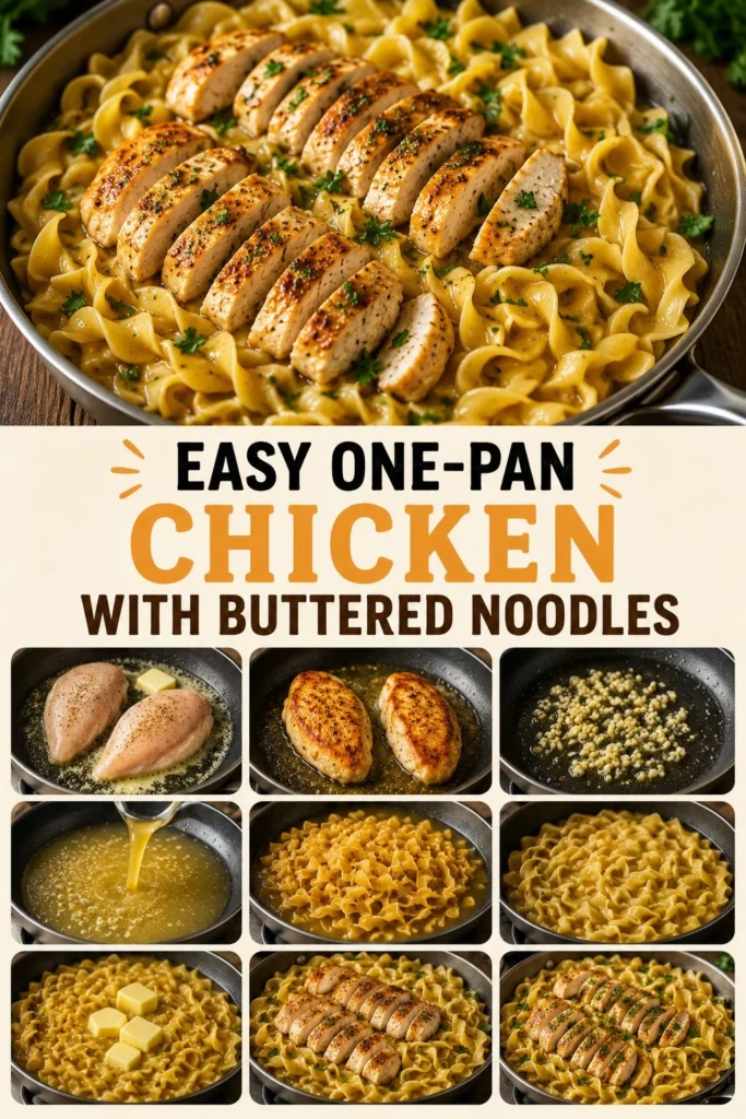 Easy one-pan chicken served with buttered noodles in a skillet