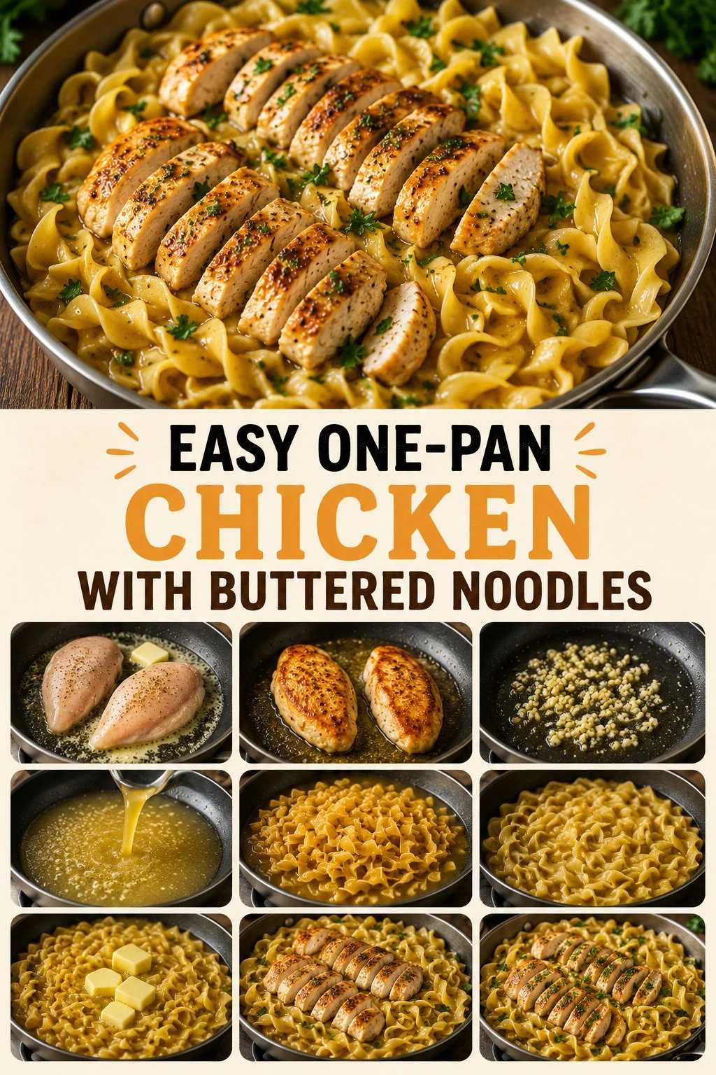 Easy one-pan chicken served with buttered noodles in a skillet