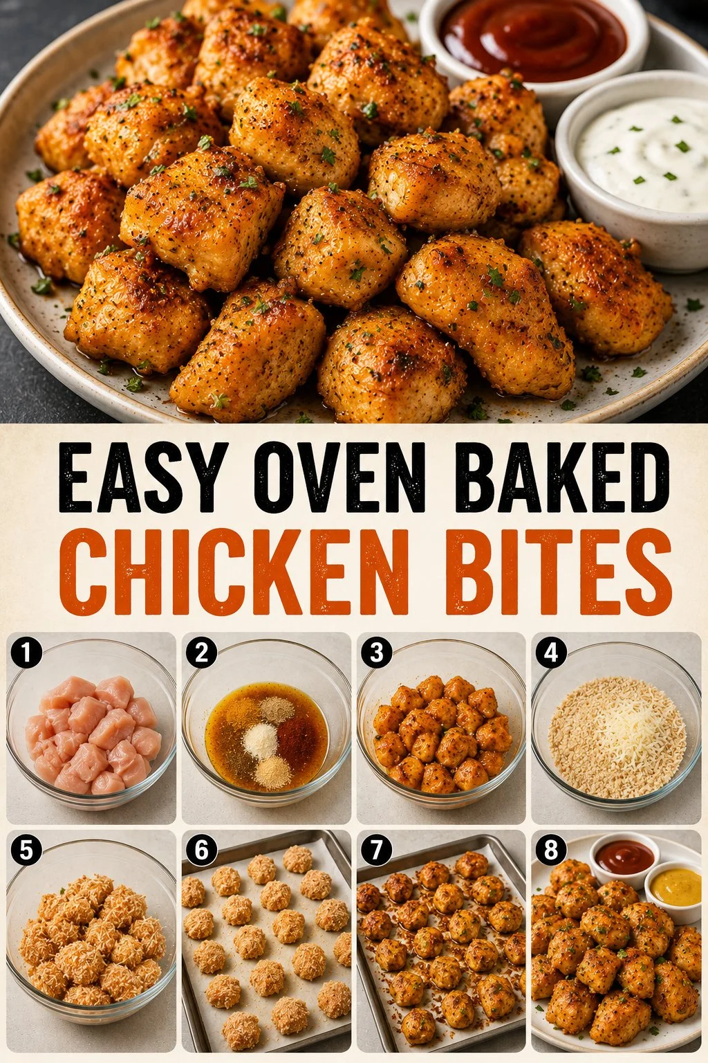 Easy oven baked chicken bites on a plate, garnished with herbs