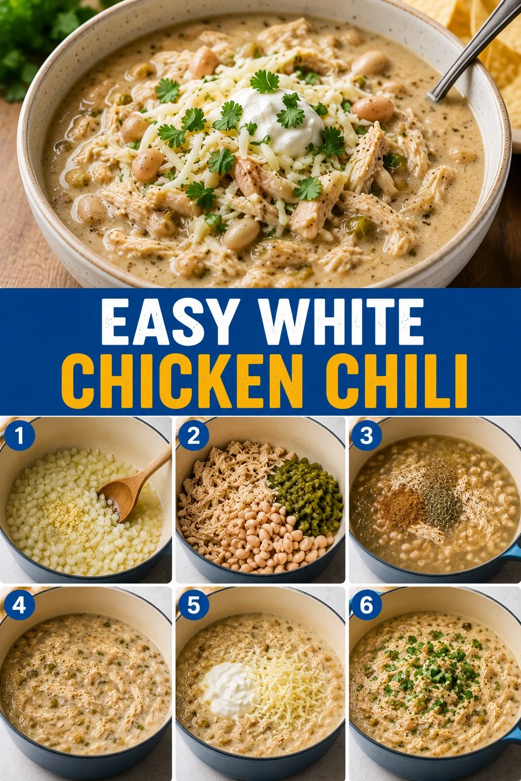 Bowl of easy white chicken chili topped with cilantro and avocado