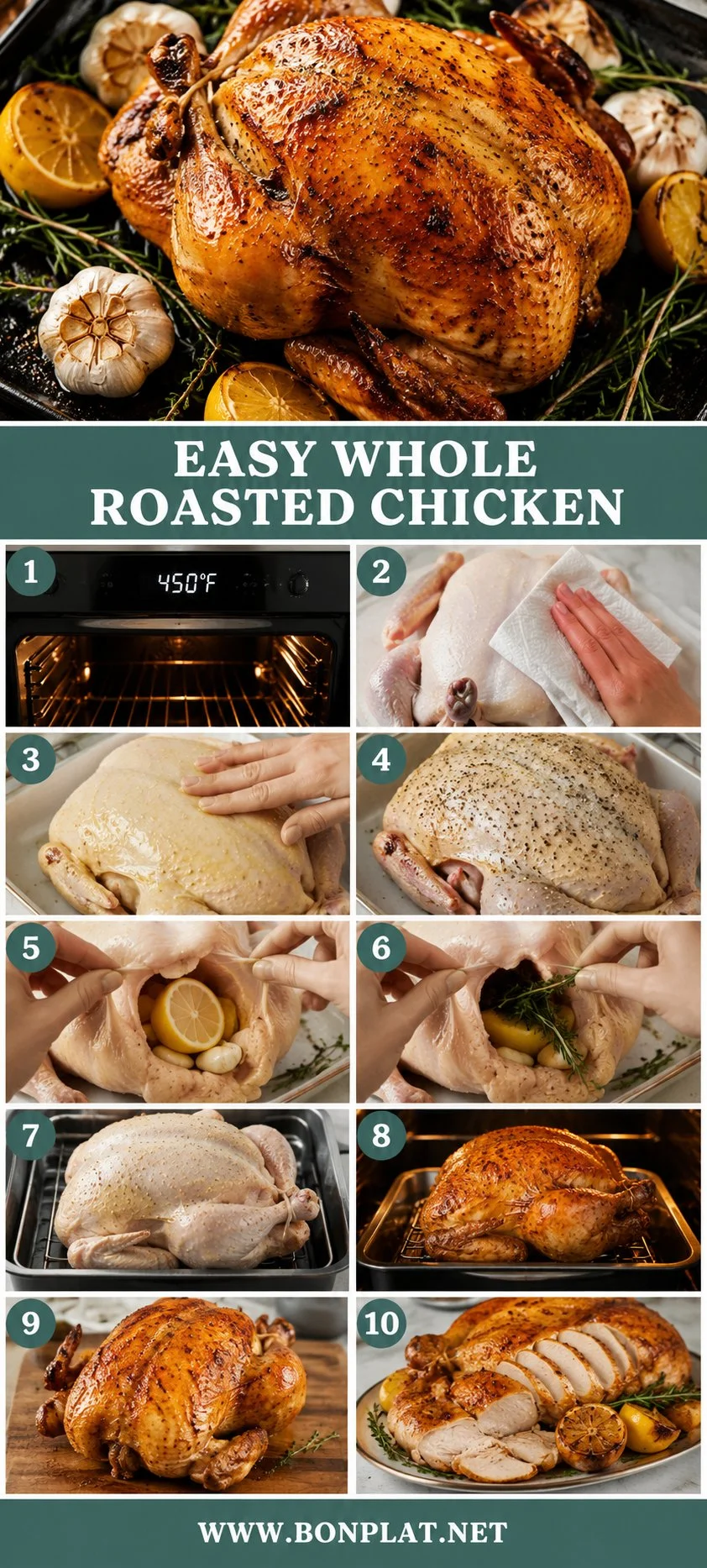 Easy whole roasted chicken garnished and ready to serve on a plate.