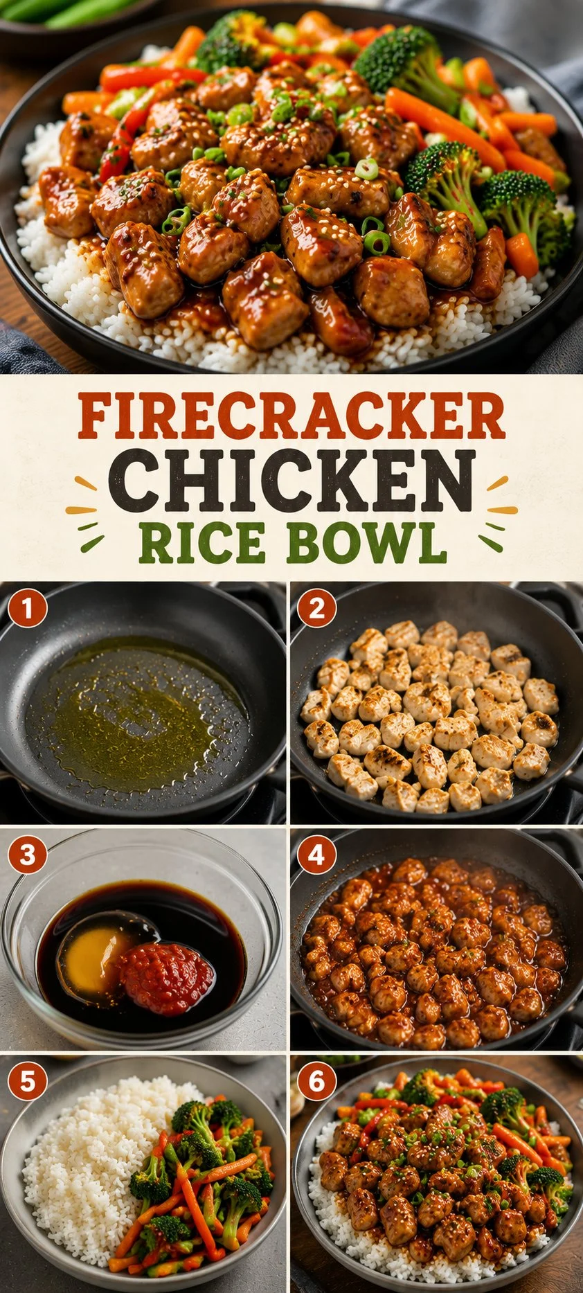 Delicious Firecracker Chicken Rice Bowl topped with fresh vegetables