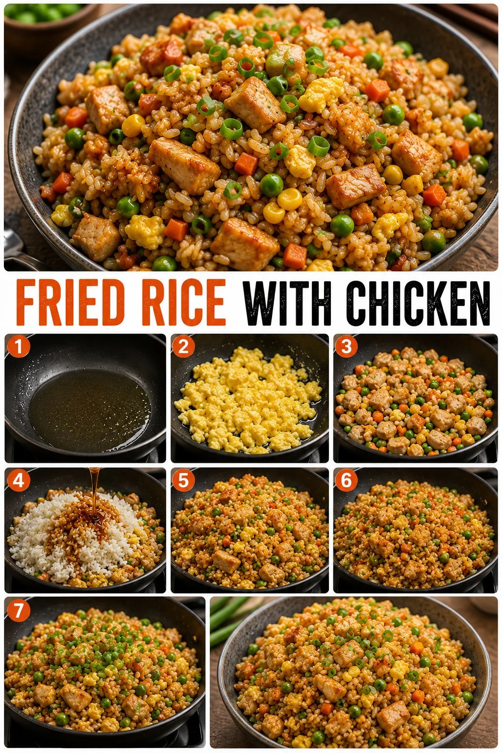 Delicious plate of fried rice with chicken and vegetables