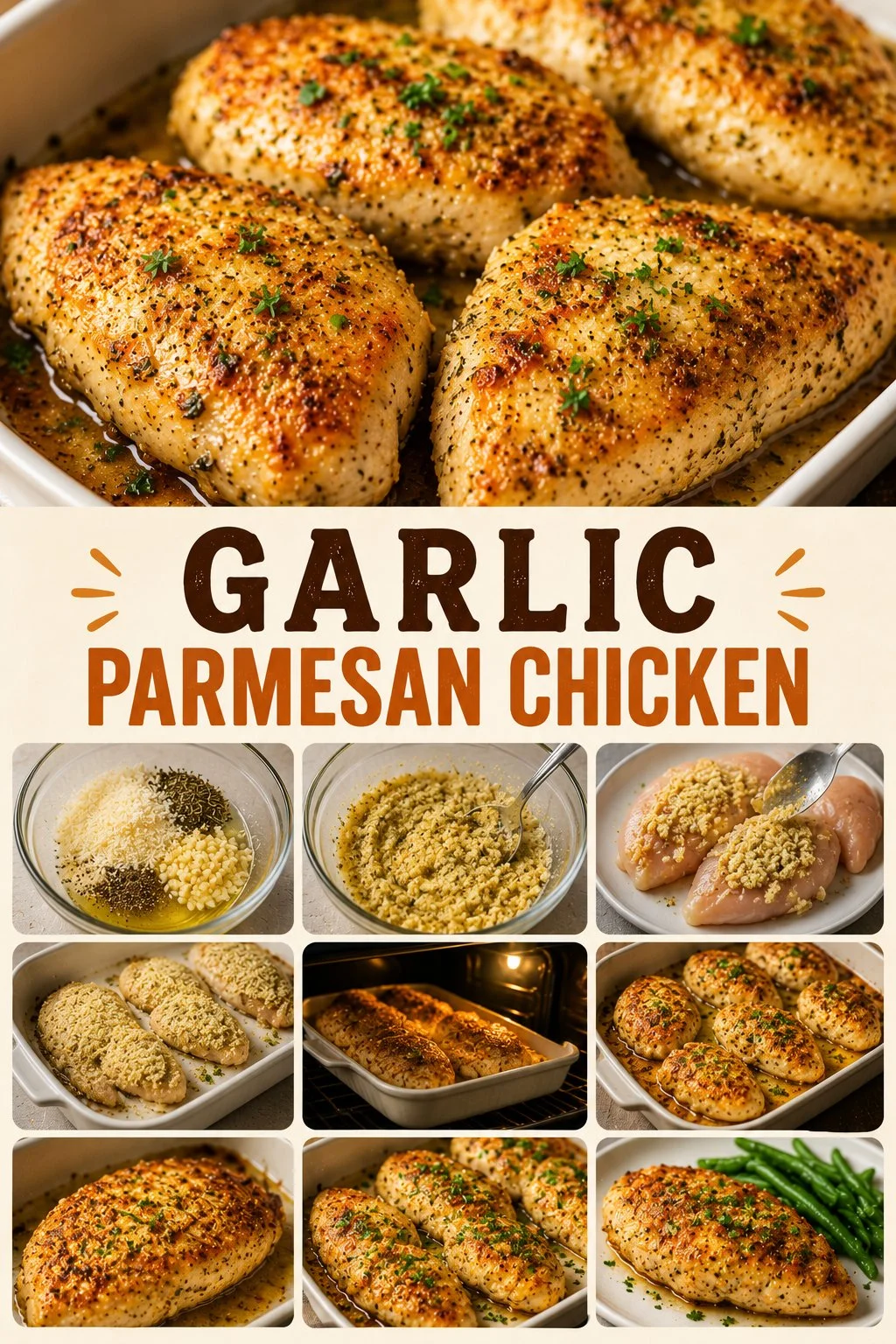 Delicious Garlic Parmesan Chicken served on a plate with herbs and garlic.