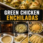Plate of Green Chicken Enchiladas topped with salsa and cheese