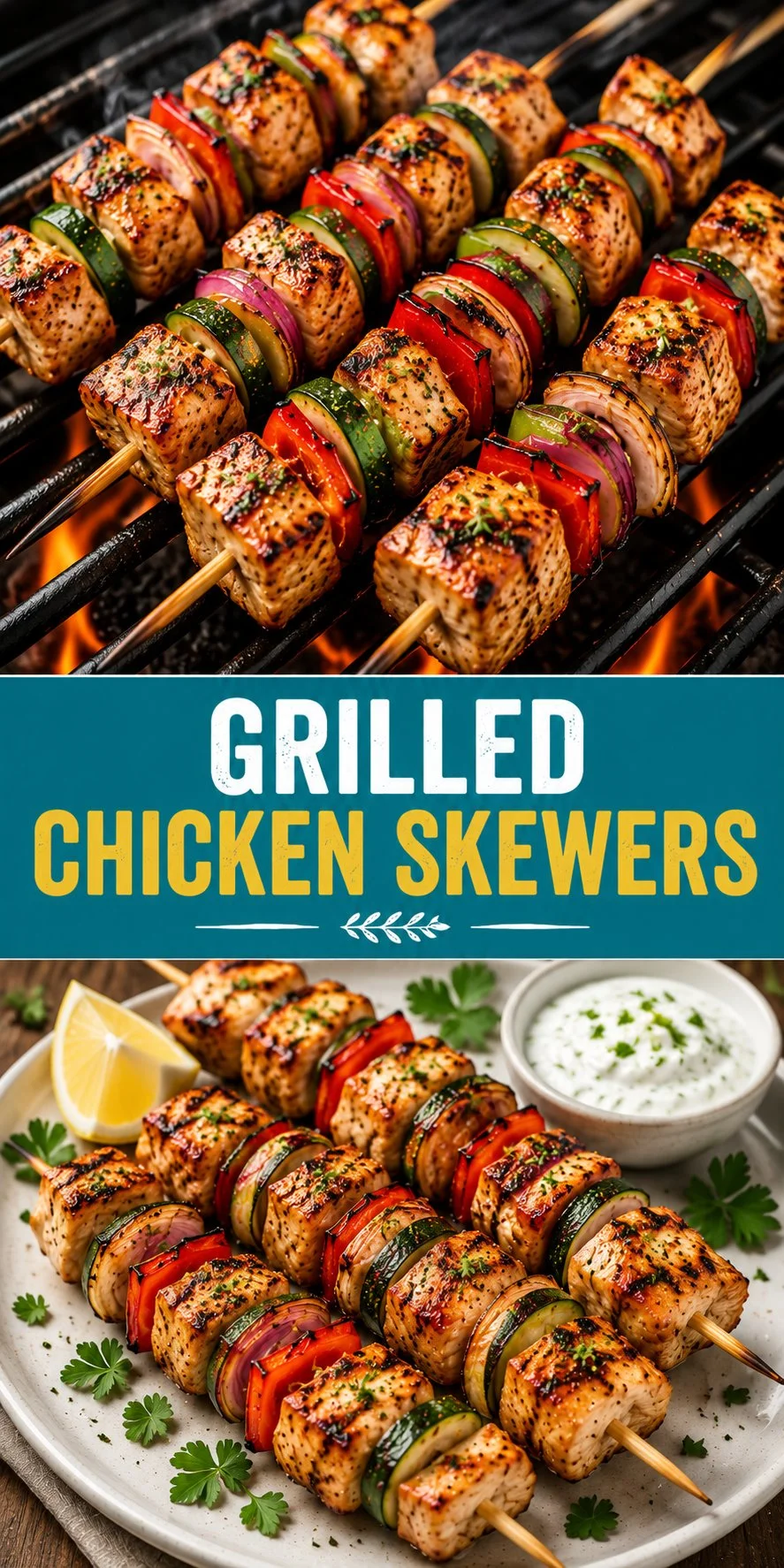 Grilled chicken skewers with vegetables on a plate