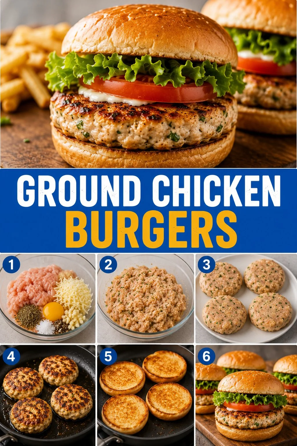 Juicy ground chicken burgers served with fresh toppings