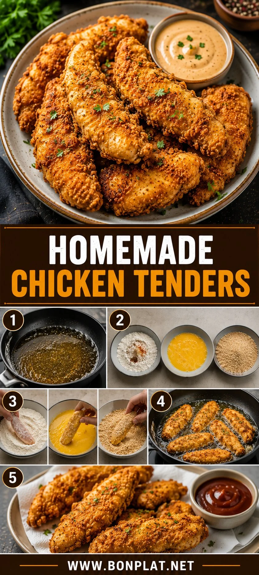 Delicious homemade chicken tenders served with dipping sauce