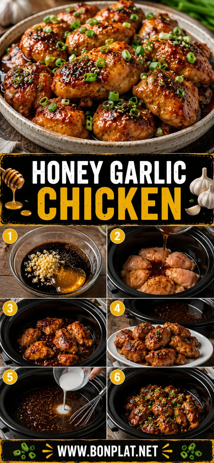 Plate of honey garlic chicken with vegetables and sauce
