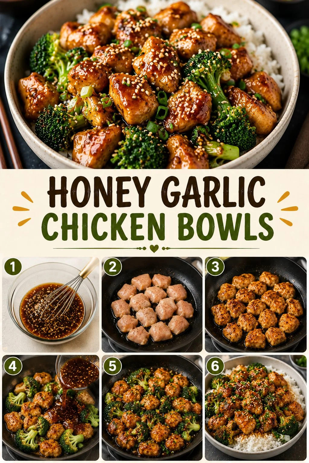Honey Garlic Chicken Bowls with vegetables and rice