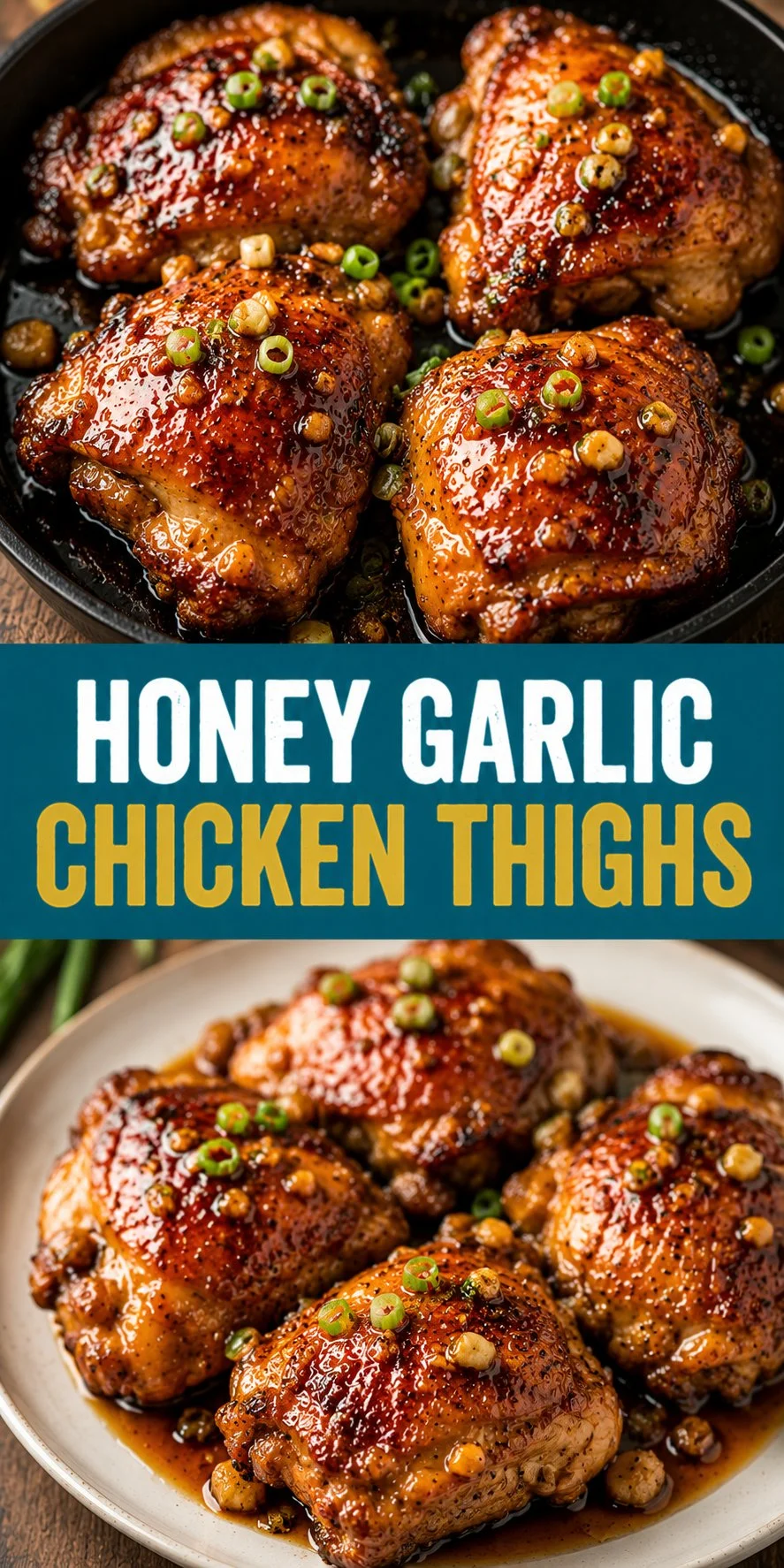 Juicy Honey Garlic Chicken Thighs garnished with herbs