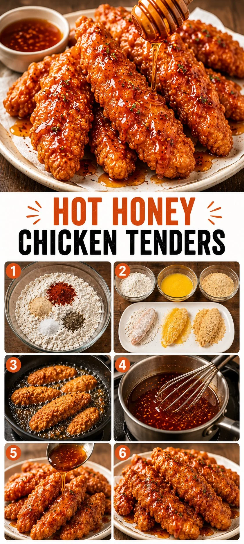 Crispy hot honey chicken tenders drizzled with spicy honey glaze