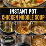 Bowl of Instant Pot chicken noodle soup garnished with herbs and fresh vegetables