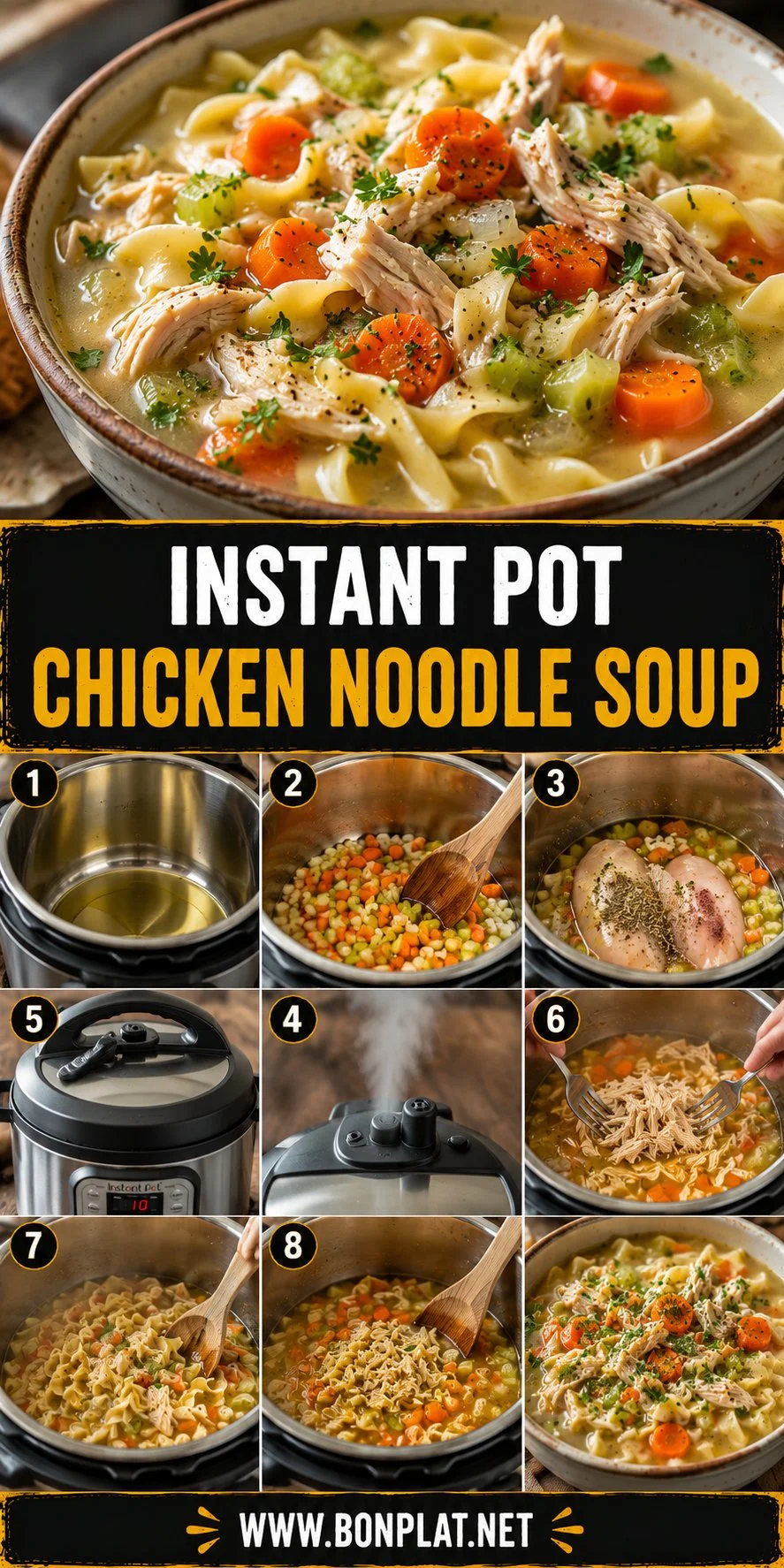 Bowl of Instant Pot chicken noodle soup garnished with herbs and fresh vegetables