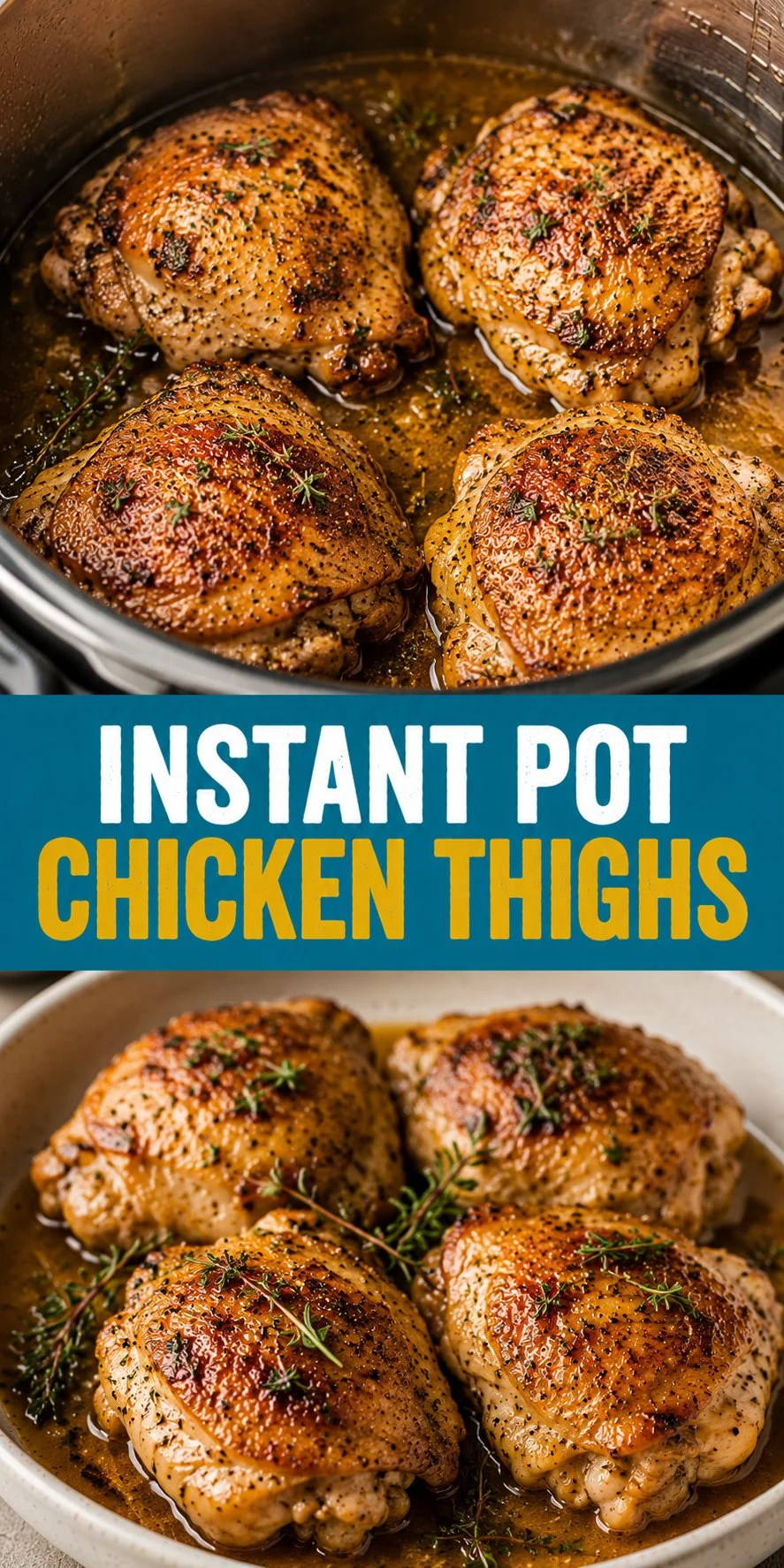 Delicious Instant Pot chicken thighs topped with fresh herbs and spices.