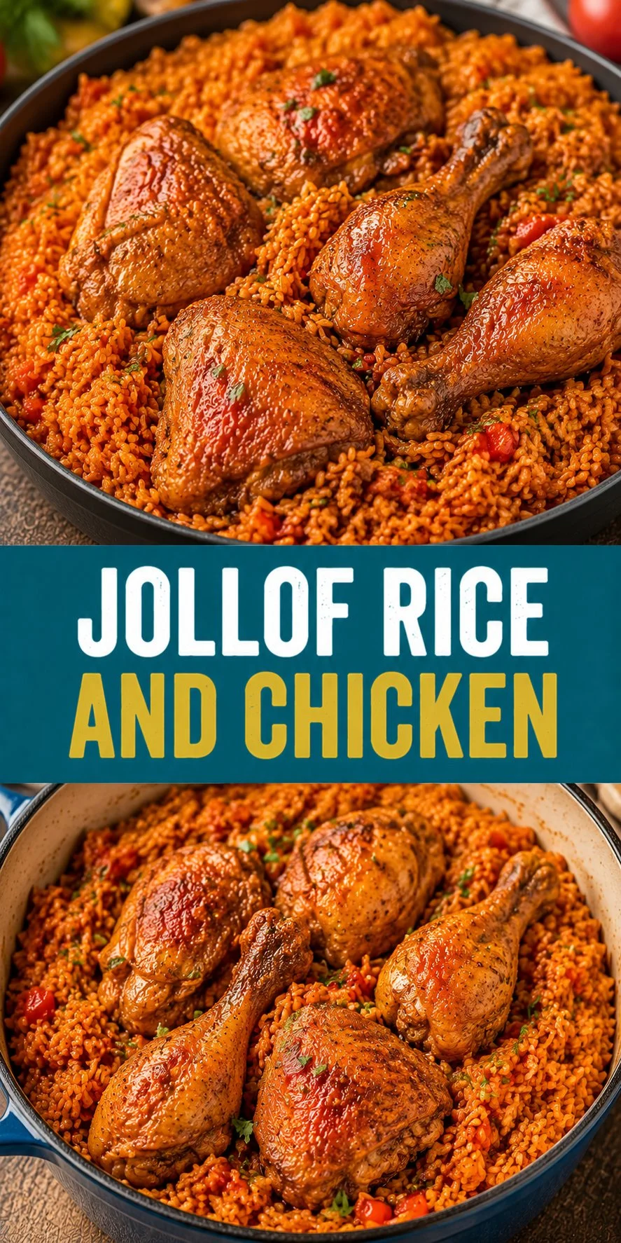 Plate of Jollof Rice and Chicken served with vegetables