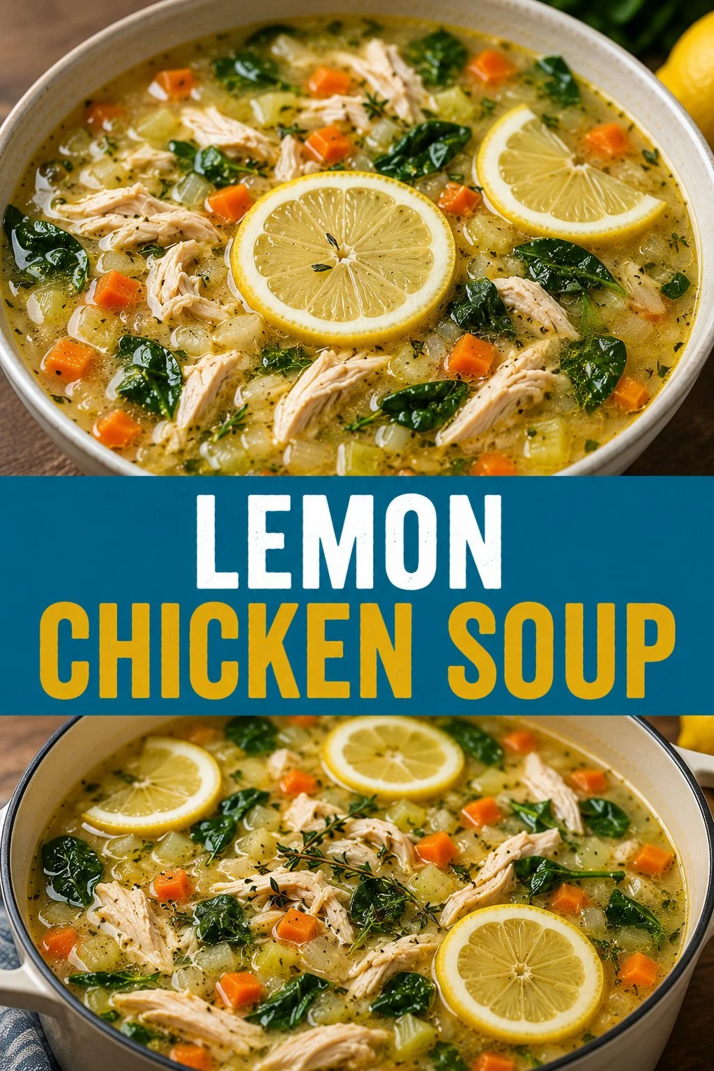 Bowl of delicious lemon chicken soup garnished with herbs and lemon slices