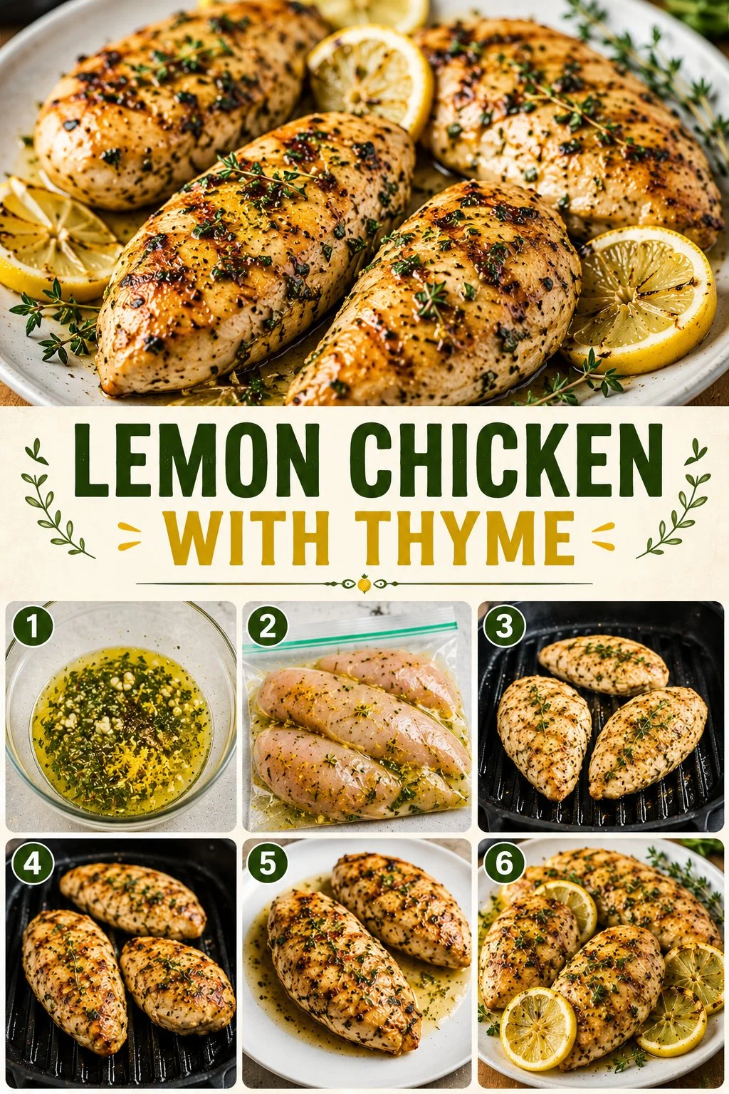 Delicious lemon chicken garnished with thyme served on a plate