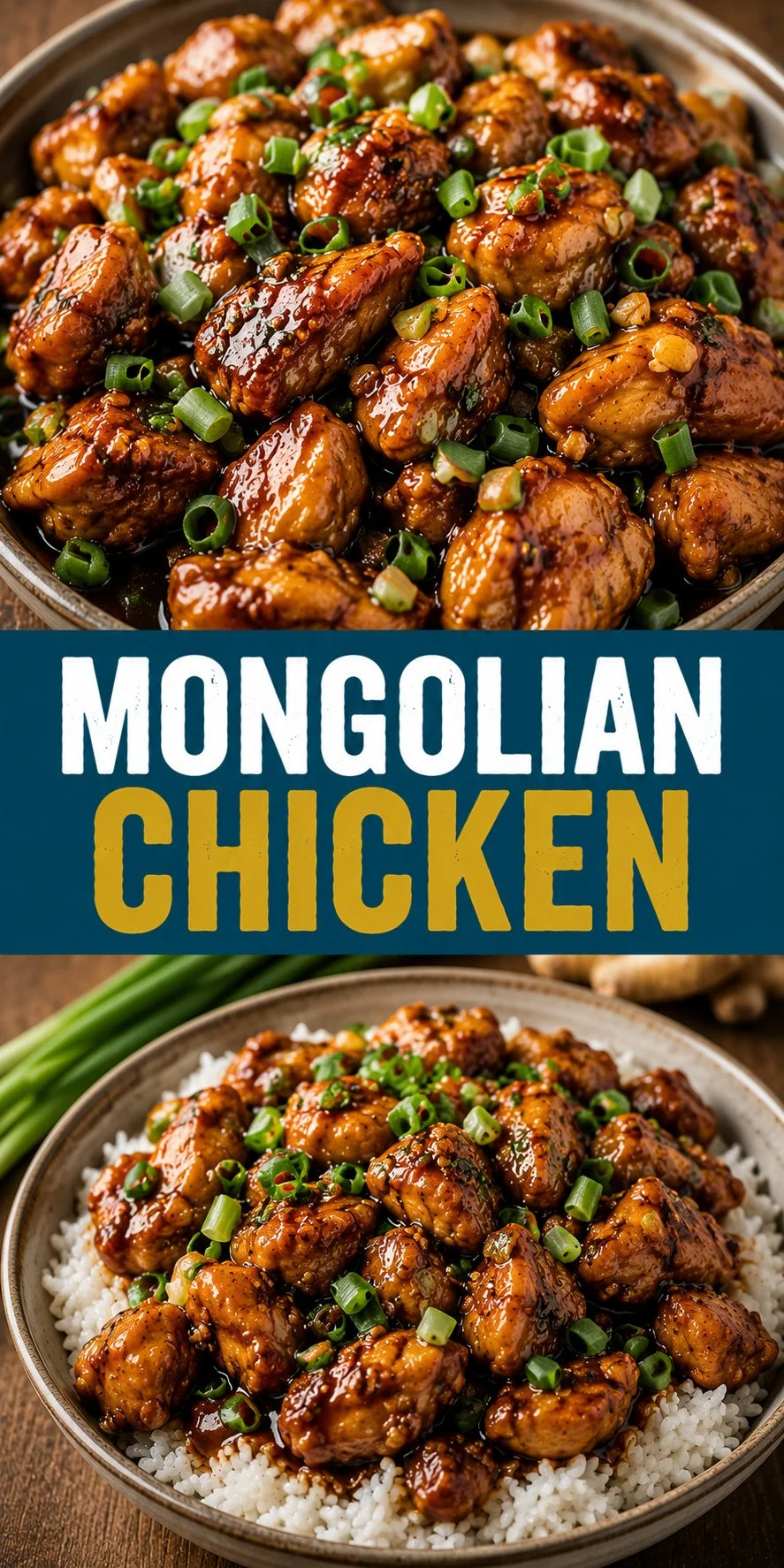 Delicious plate of Mongolian Chicken stir-fry served with vegetables and rice