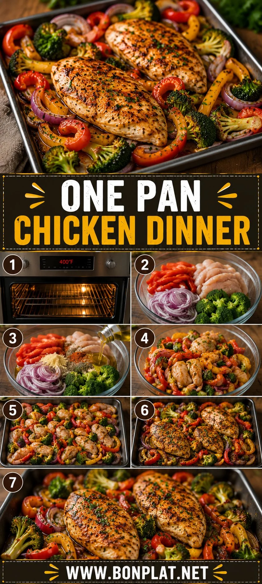 One pan chicken dinner recipe with fresh vegetables and seasonings