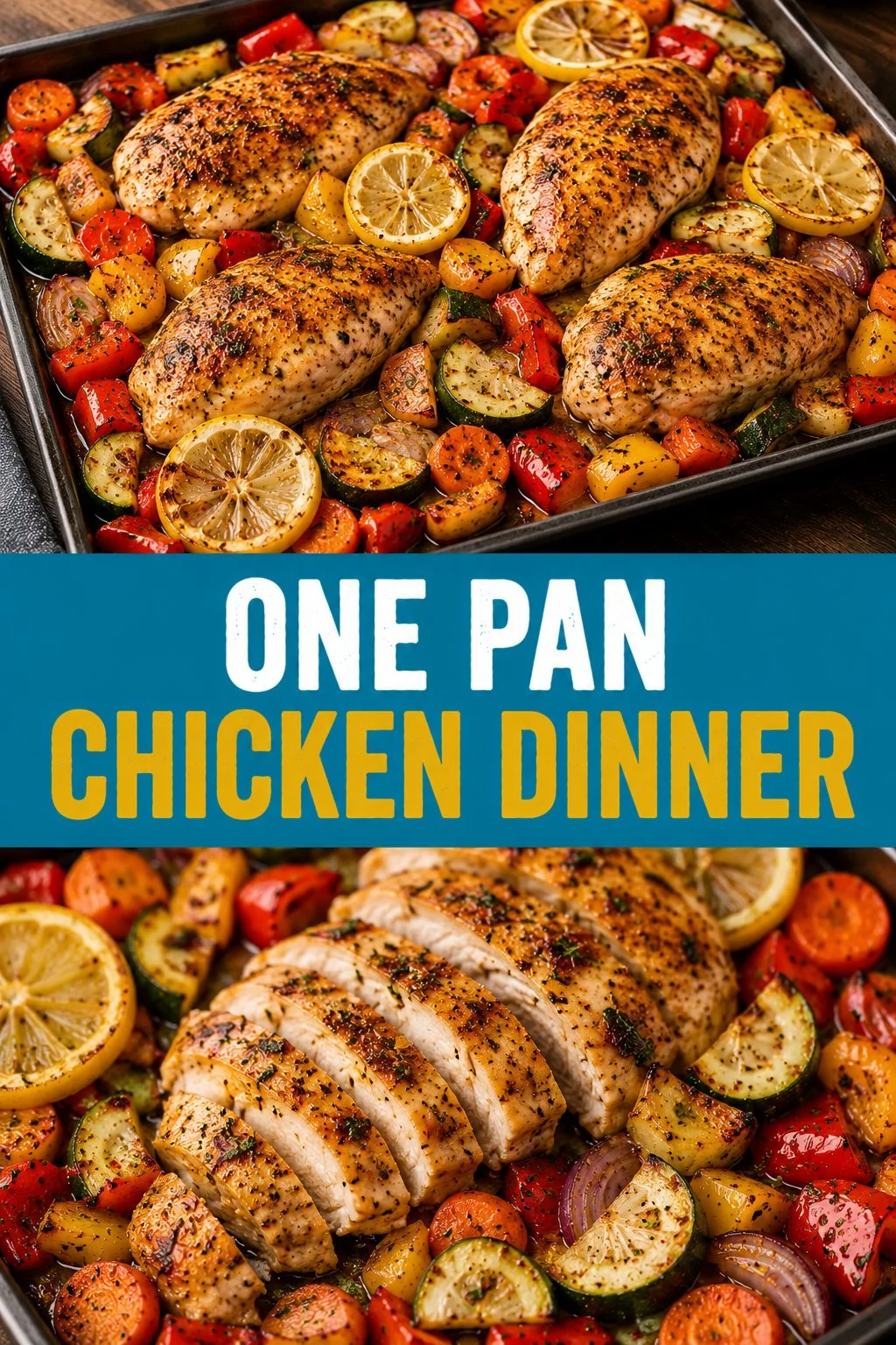 One pan chicken dinner with vegetables and herbs, ready to serve