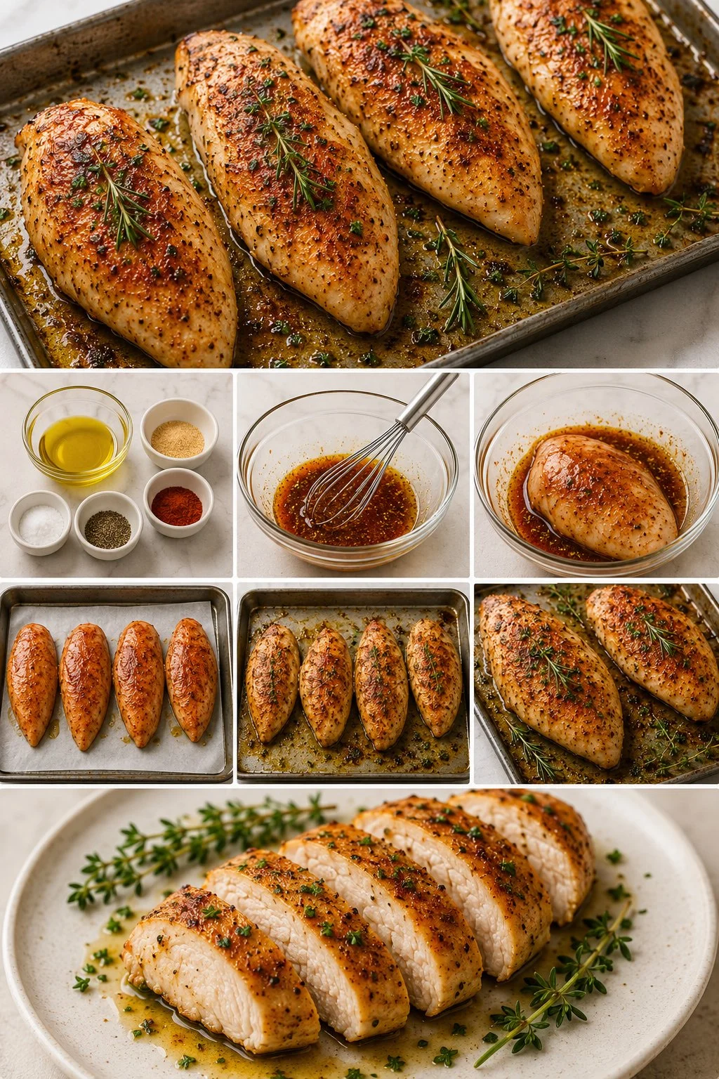 Delicious oven baked chicken served on a plate with herbs and spices