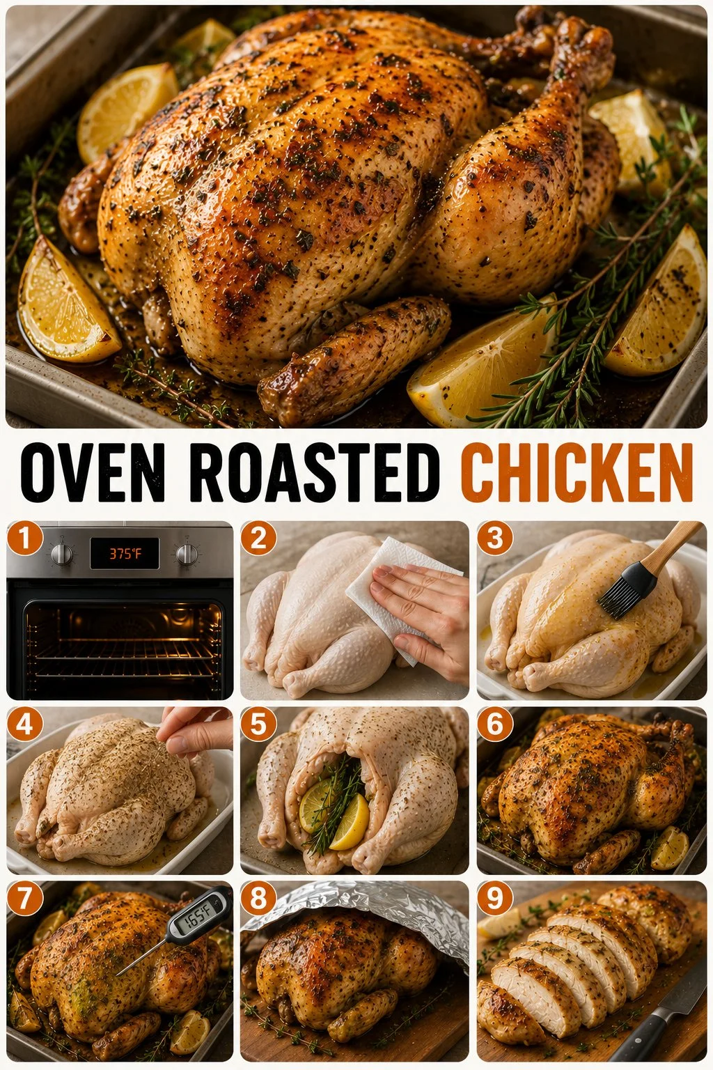 Golden brown oven roasted chicken served with herbs and spices.