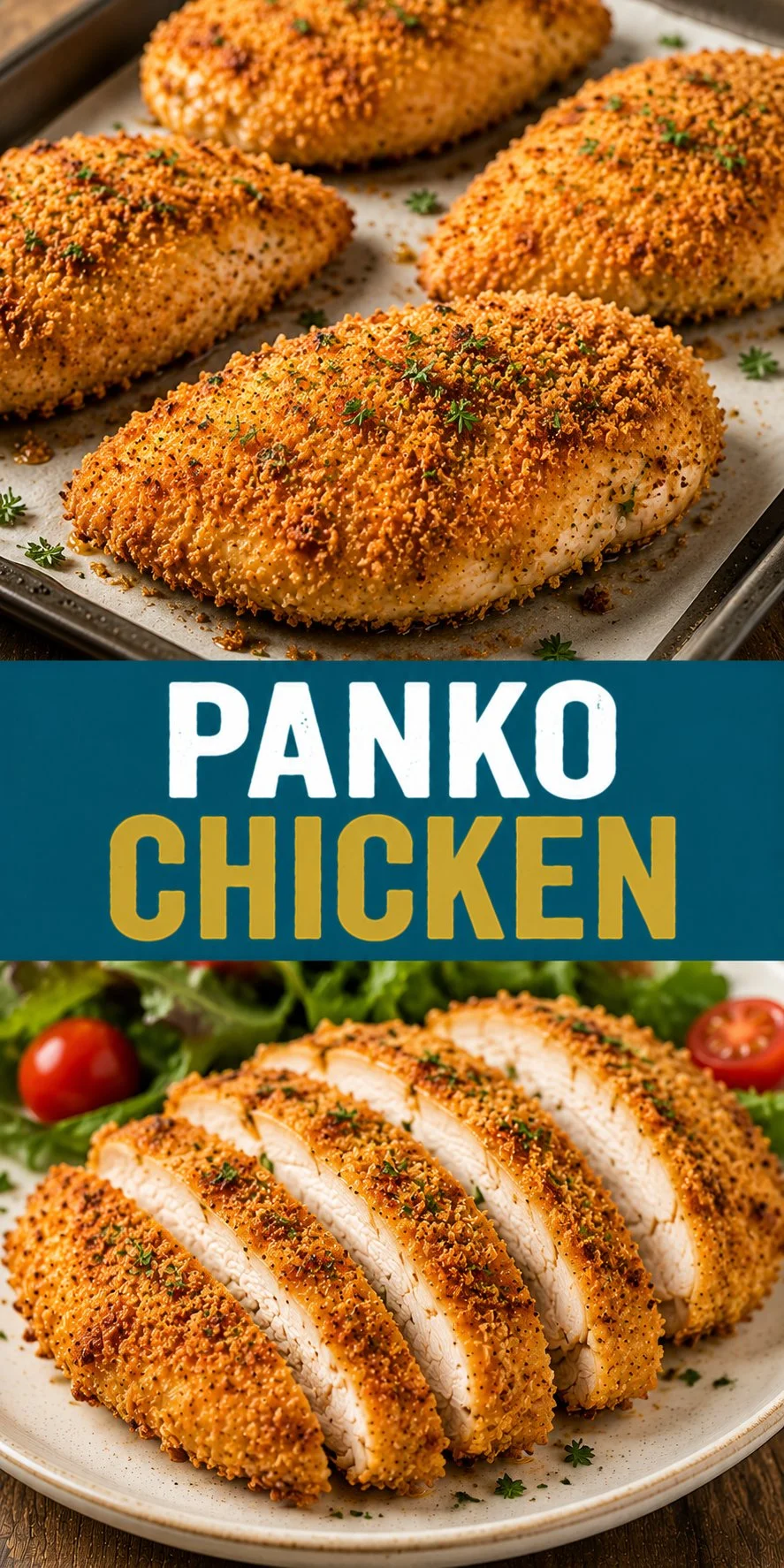 Crispy Panko Chicken served with vegetables and sauce