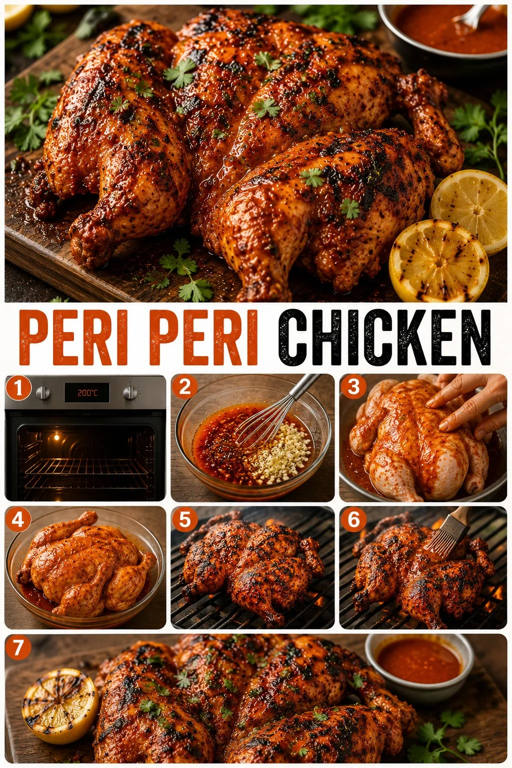 Delicious Peri Peri Chicken grilled to perfection, garnished with fresh herbs.
