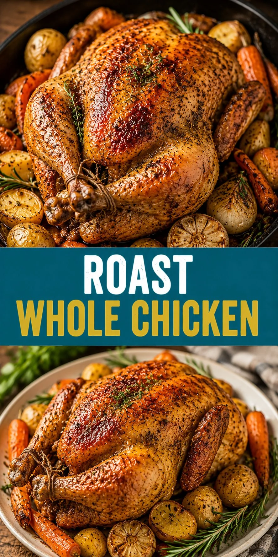 A perfectly roasted whole chicken garnished with herbs and spices