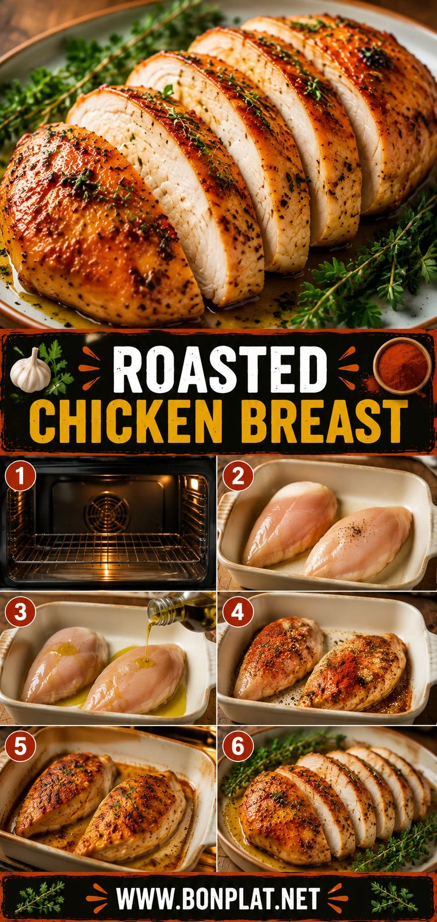 Delicious roasted chicken breast with herbs and spices cooked to perfection
