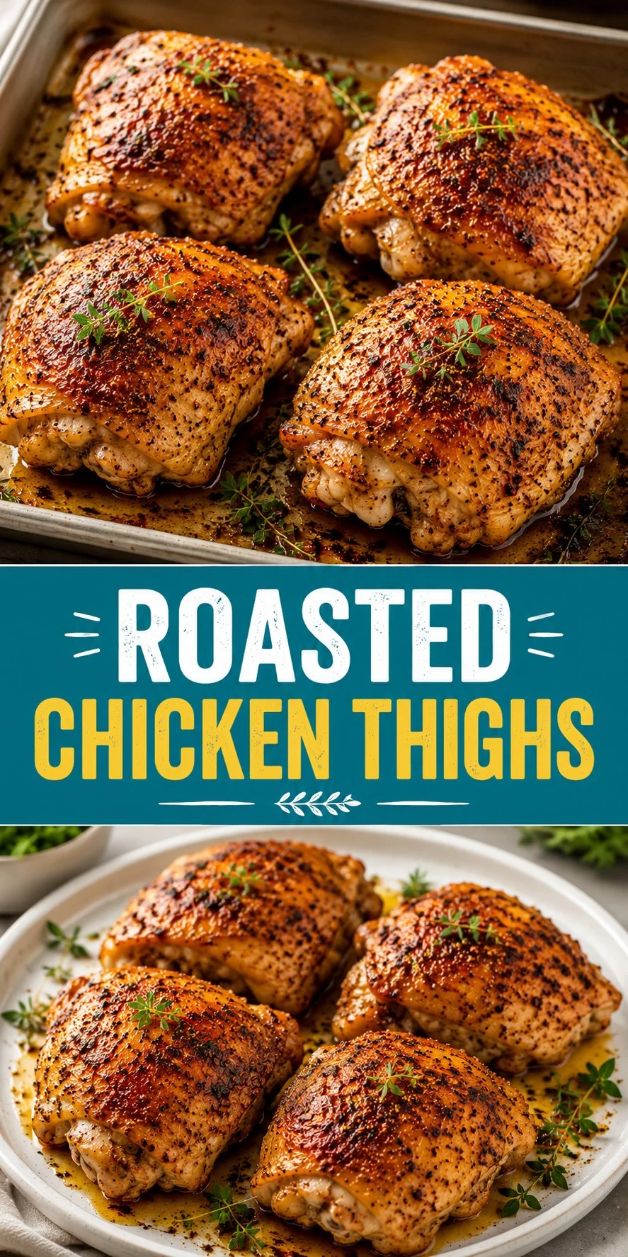 Perfectly roasted chicken thighs served with herbs and spices