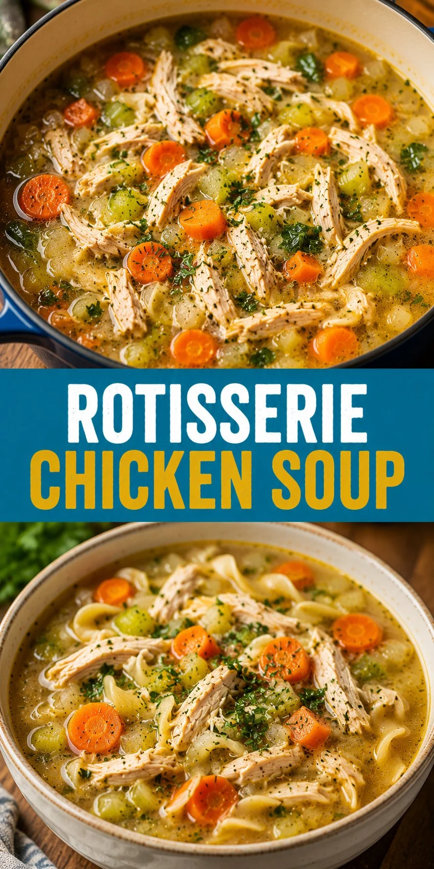 Delicious bowl of Rotisserie Chicken Soup garnished with fresh herbs