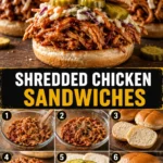 Shredded chicken sandwich with toppings on a rustic wooden table