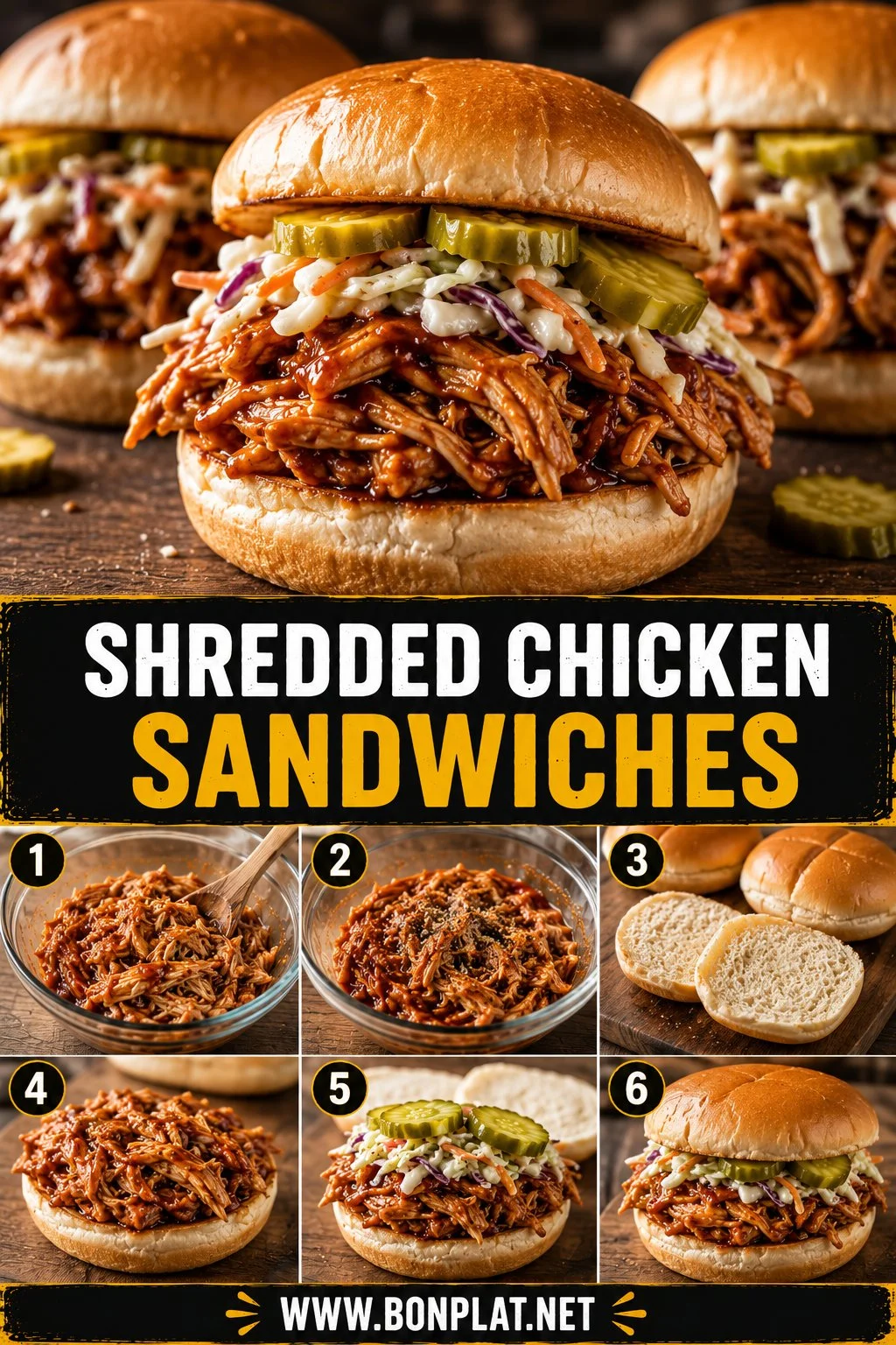 Shredded chicken sandwich with toppings on a rustic wooden table