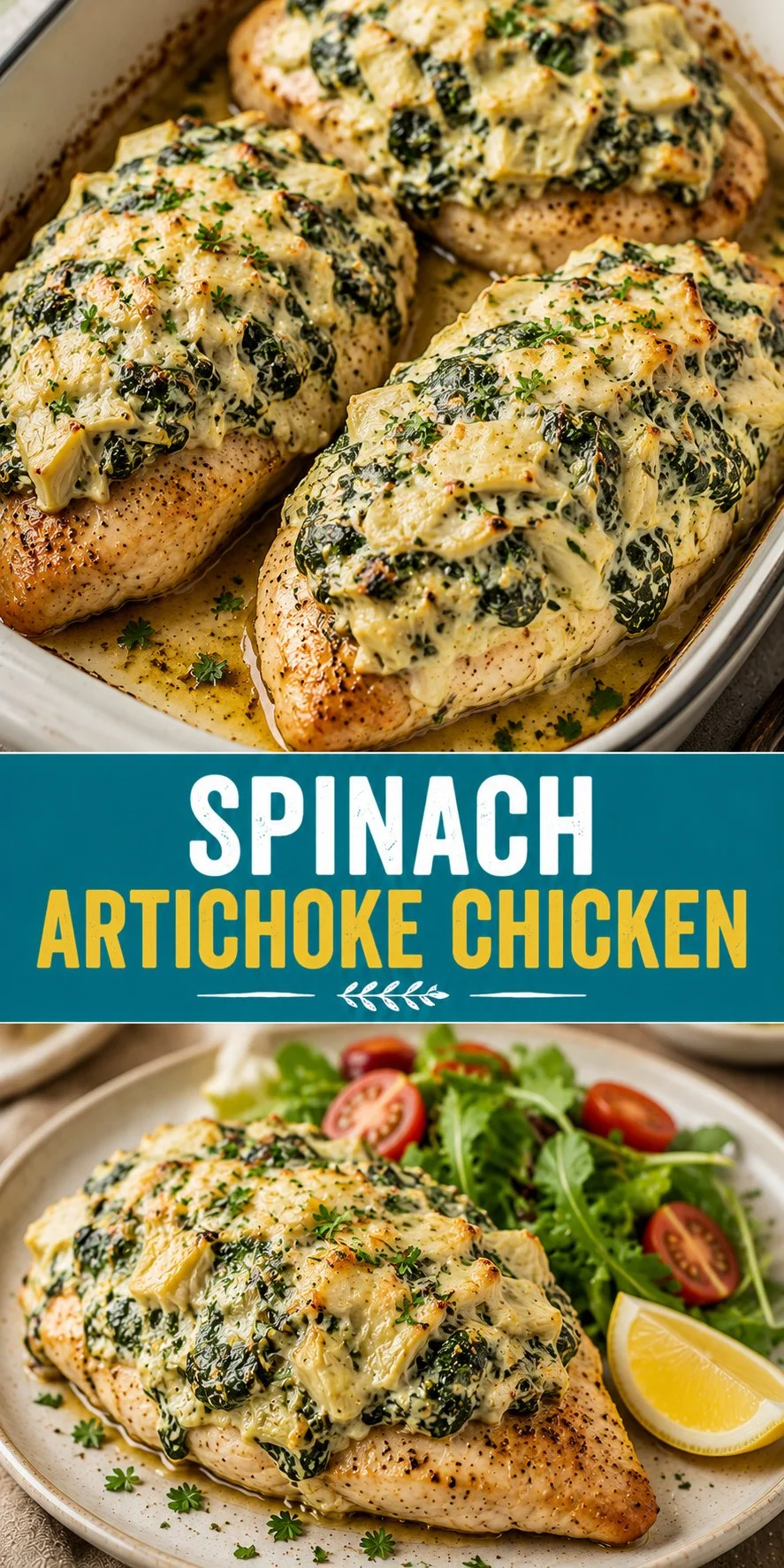 Creamy Spinach Artichoke Chicken served in a bowl