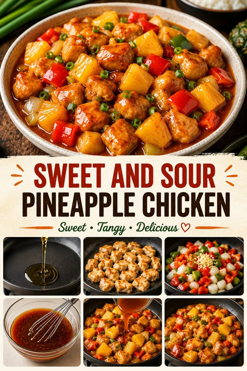 Sweet and Sour Pineapple Chicken served on a plate with colorful vegetables.
