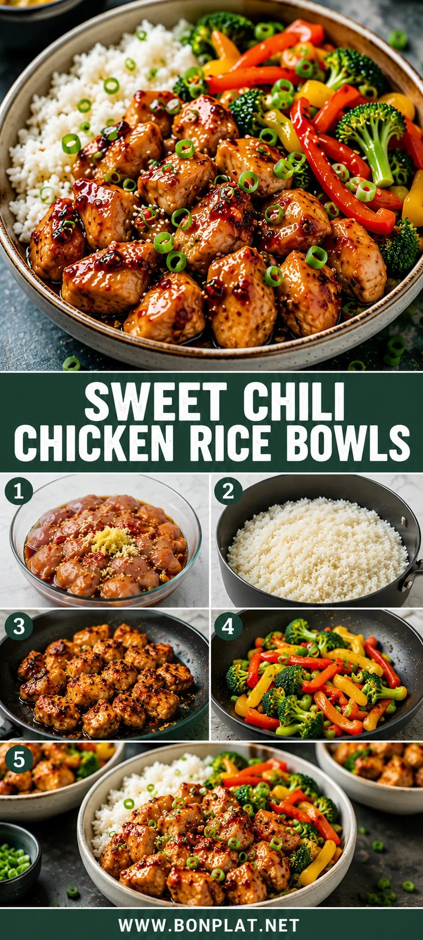 Sweet Chili Chicken Rice Bowls with vibrant vegetables and garnishes