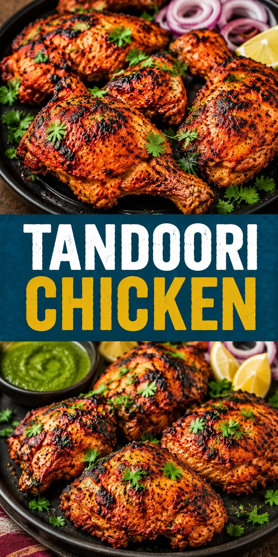 A beautifully grilled Tandoori Chicken dish garnished with fresh herbs and spices.