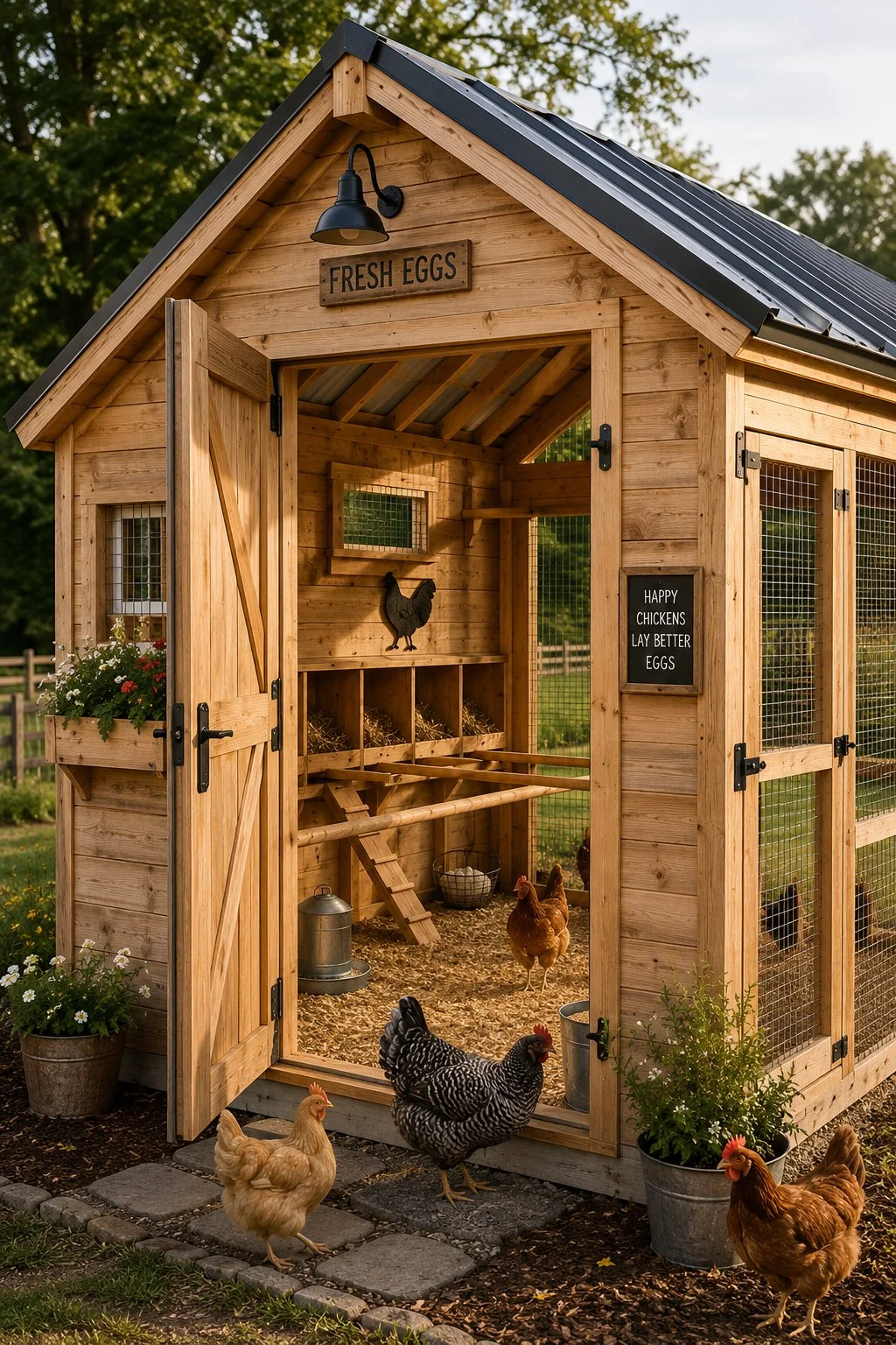 Spacious walk-in chicken coop design for comfortable poultry housing.