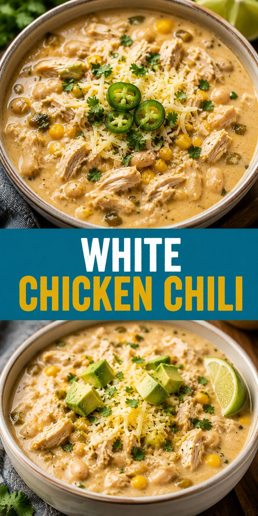 Bowl of white chicken chili garnished with cilantro and lime