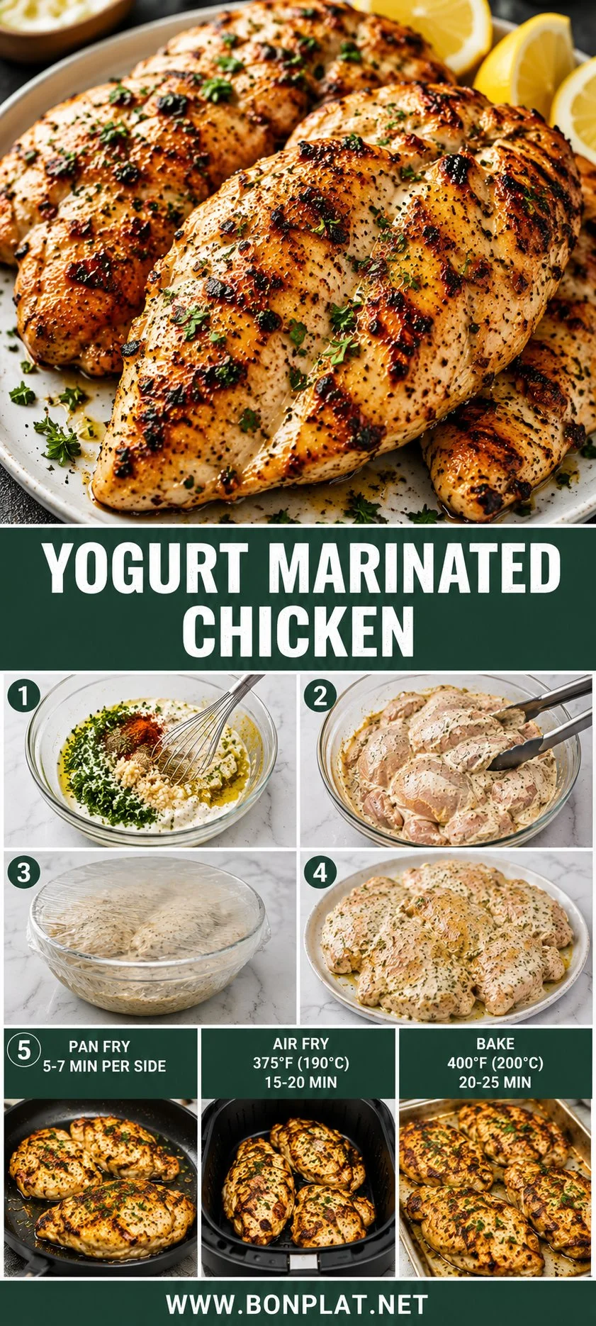 Juicy yogurt marinated chicken ready to be served on a plate.