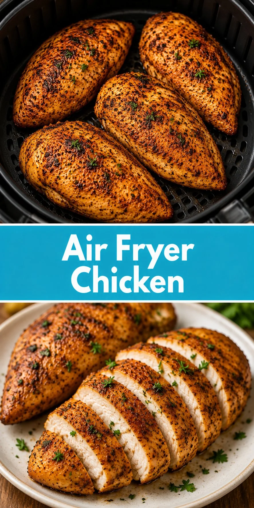 Juicy and crispy air fryer chicken plated with vegetables