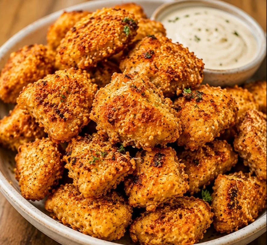 Crispy air fryer chicken bites served on a plate with dipping sauce