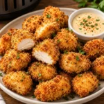 Delicious air fryer chicken bites served on a plate with dipping sauce.