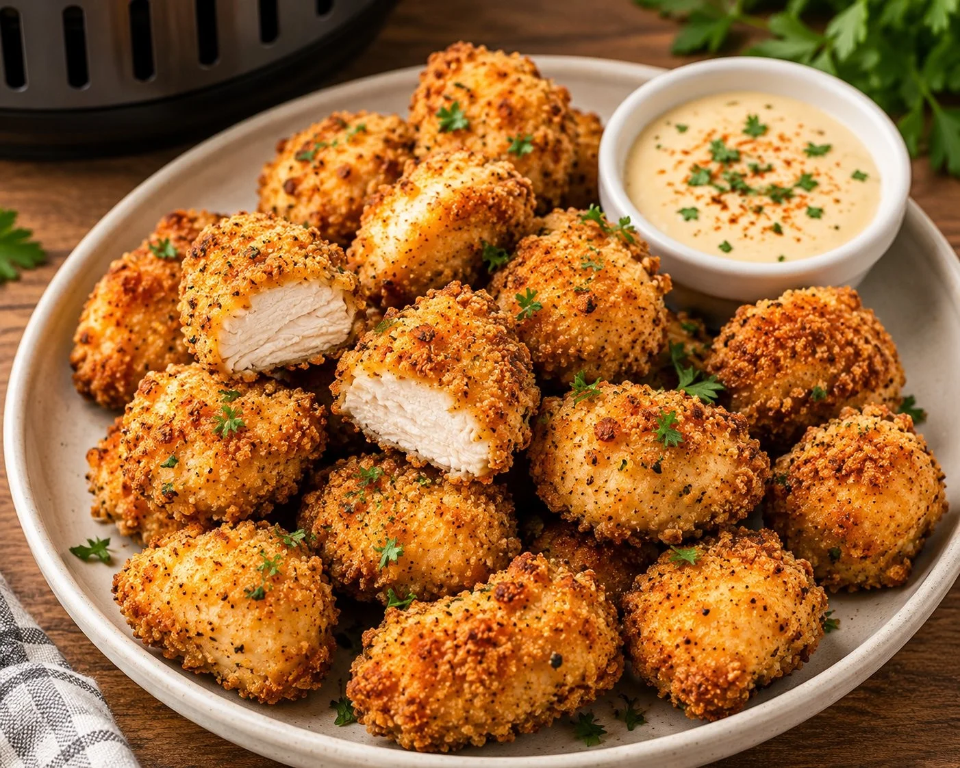 Delicious air fryer chicken bites served on a plate with dipping sauce.
