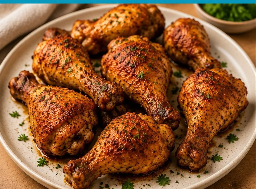 Crispy air fryer chicken drumsticks ready to serve