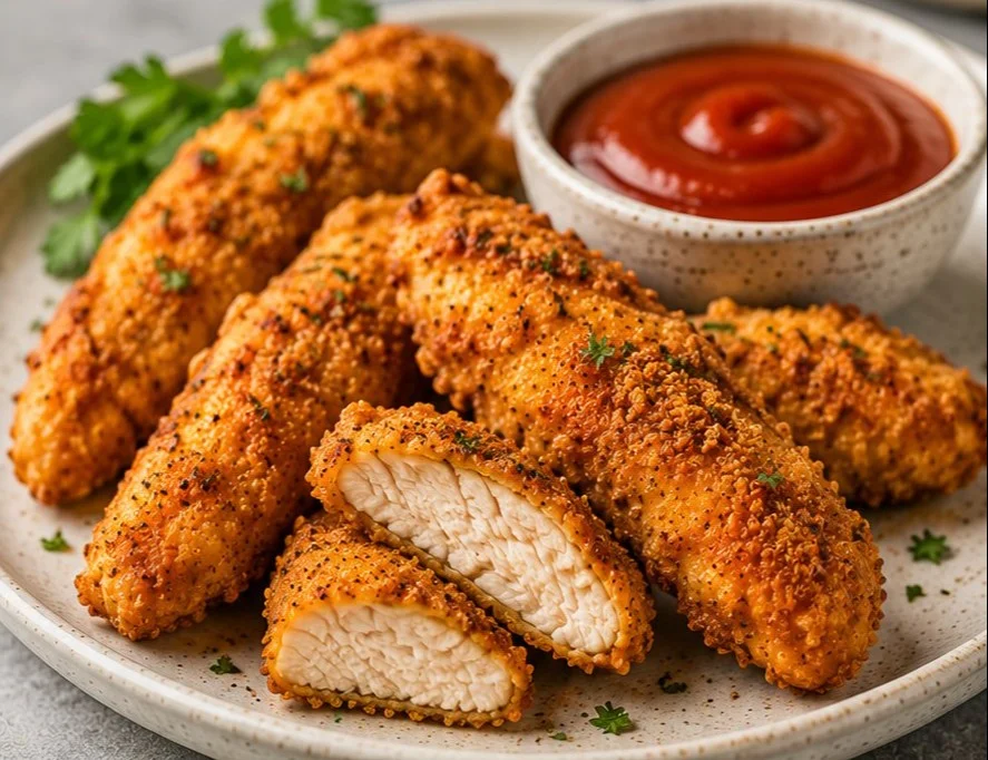 Delicious air fryer chicken tenders served with dipping sauce