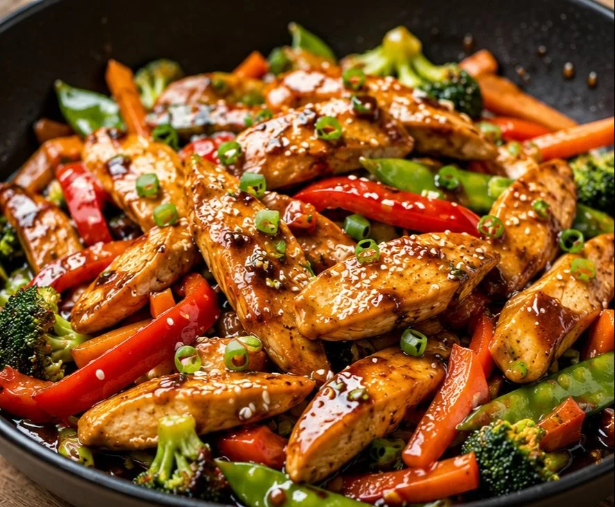 Plate of tasty Asian Chicken garnished with vegetables and herbs