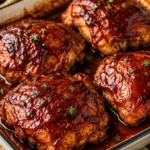 Baked BBQ Chicken dish on a plate garnished with herbs